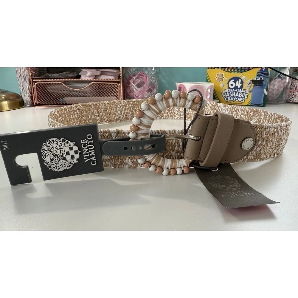 Vince Camuto Woven Straw‎ Belt Beaded Buckle Coastal Resort Luxe NWT M/L